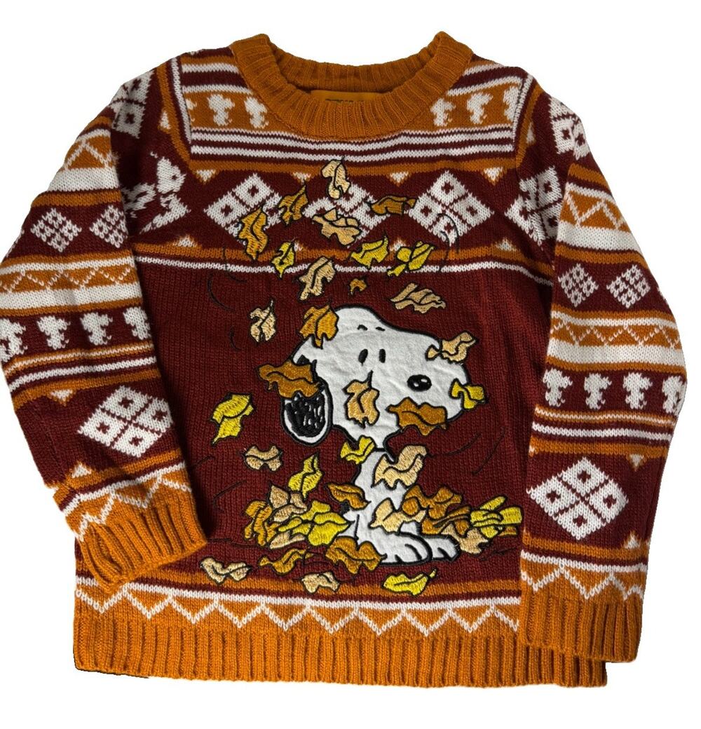 Peanuts Snoopy Sweater Kids Size 5 M Fall Leaves Fair Isle Knit Pullover NWT